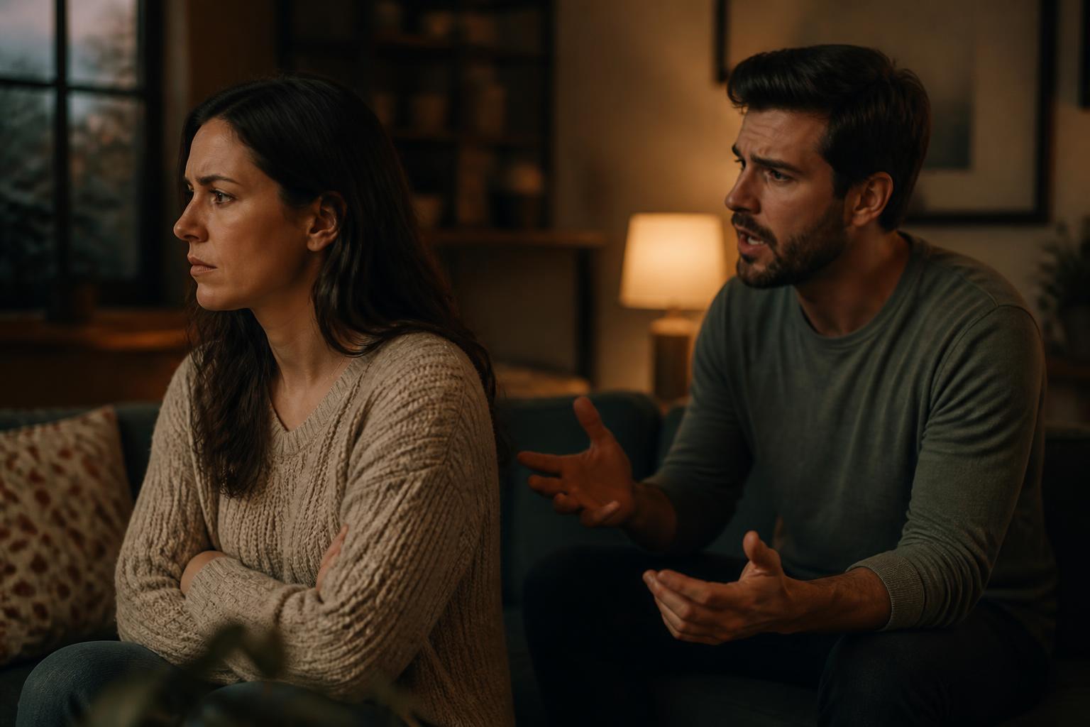 A couple in the middle of an argument on their living room couch, one turned away with arms crossed