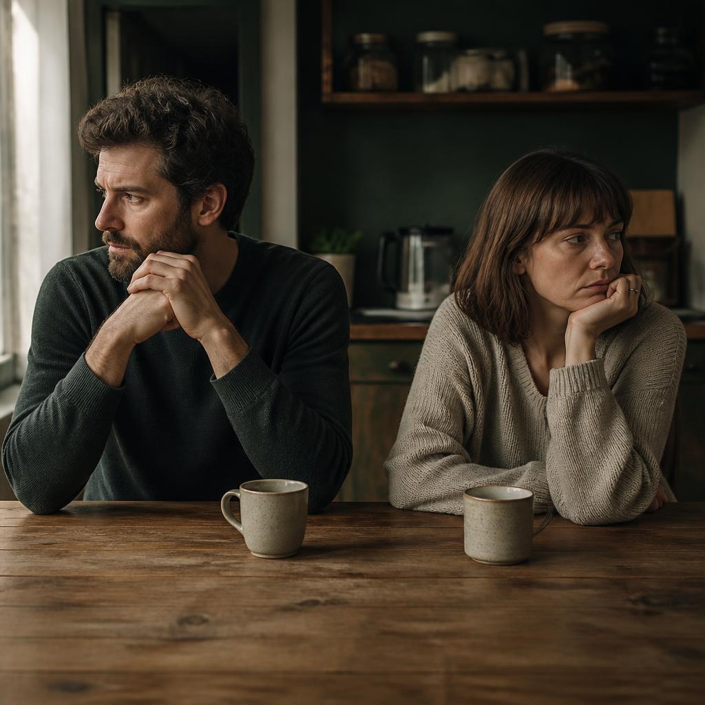 A couple sitting in silence at the kitchen table after an argument, both looking away
